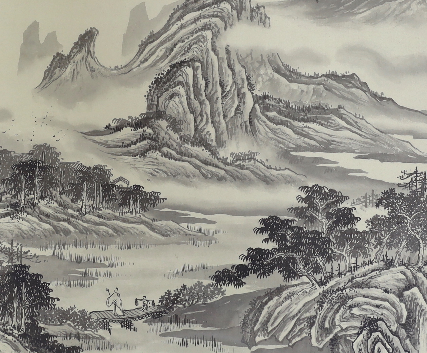 Three Chinese watercolours on silk, Mountainous landscapes with pagodas, largest 30 x 37cm